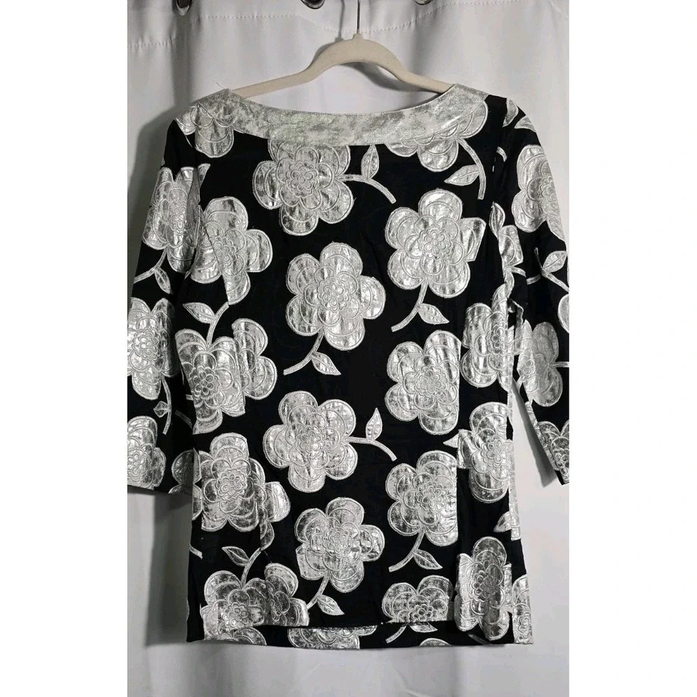 Tory Burch Womens‎ Size 10 Rochelle Elegant Black White Floral Top Metallic